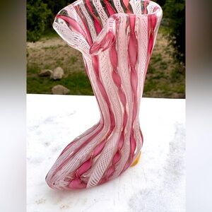 SOLD Murano Venetian Glass Pink Ribbon Latticino Salviati Aventurine Gold Boot